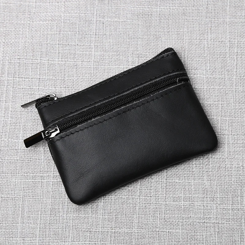 Leather Mini Coin Purse – Unisex Retro Handmade Cowhide Small Wallet with Zipper & Key Case