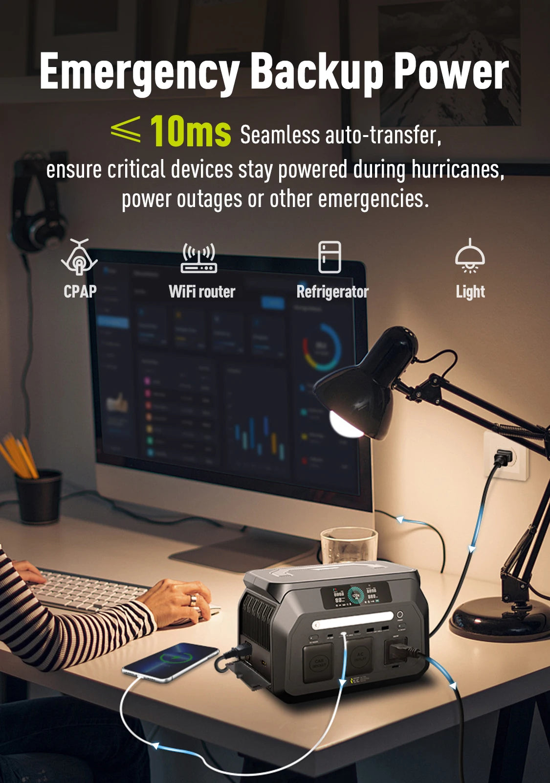 IEE 800W Portable Power Station 512Wh LiFePO4 Battery - 1600W Peak Solar Generator with 2 AC Outlets for Camping, RV, Home Emergency & Outdoor Travel