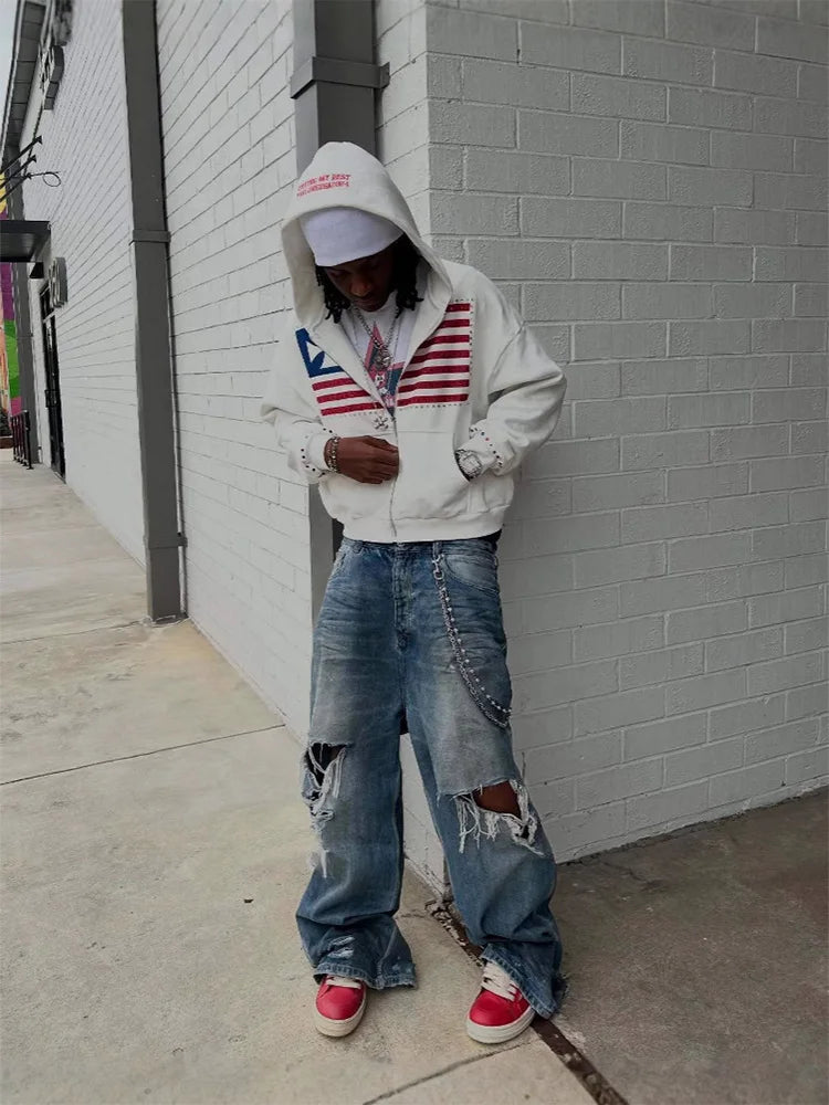 Color Block Flag Hoodie - Men's Y2K Harajuku Loose Fit Zipper Sweatshirt