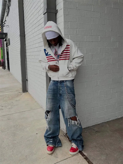 Color Block Flag Hoodie - Men's Y2K Harajuku Loose Fit Zipper Sweatshirt