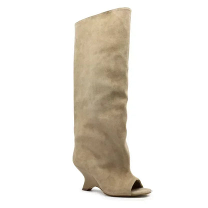 2025 Women’s Fish Mouth Knee-High Boots – Thick Slant Heel Fashion High Heels Spring Summer Large Size