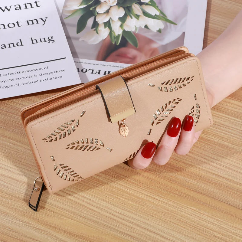 Women’s Long PU Leather Wallet – Gold Hollow Leaf Design Clutch Purse with Coin Pocket & Card Holders