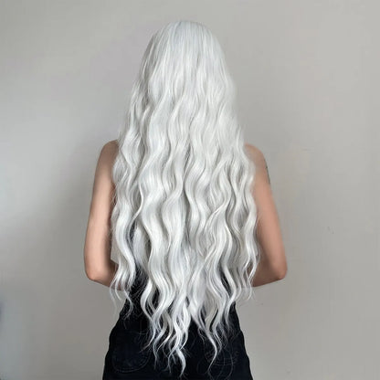 Long Water Wave Wig with Bangs: White Colorful Cosplay Silky Wig for Women - Daily Party Natural Soft Synthetic Hair, Heat Resistant