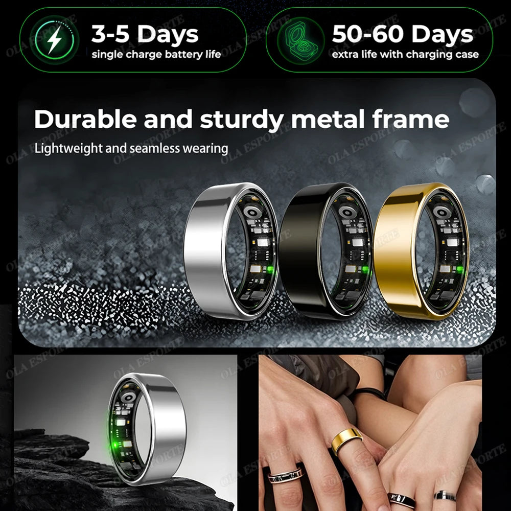 Smart Ring 2025 – Bluetooth Blood Pressure, Heart Rate & Oxygen Monitor, Multi-Sport Waterproof 5ATM for Men & Women