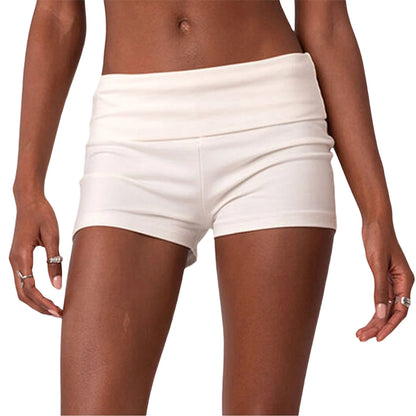 Summer Women’s Slim Solid Color Yoga Shorts — Casual Fold-Over Low Waist Lounge Shorts