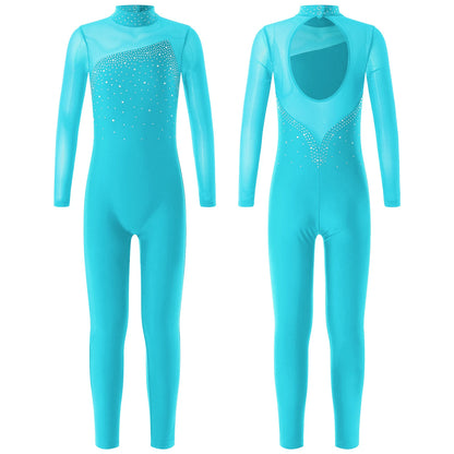 Kids Girls Long Sleeve Rhinestone Bodysuit — Full Body Dancewear Gymnastics Leotard Skating Jumpsuit