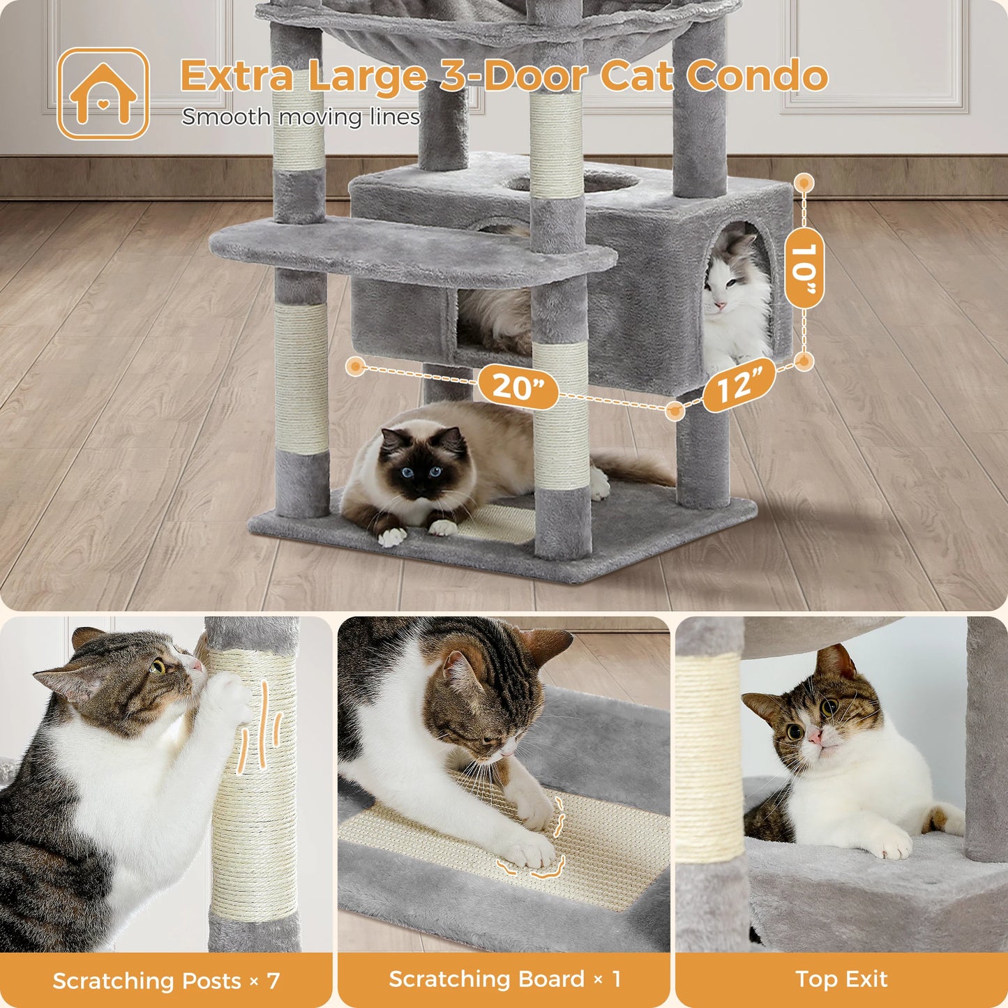 Large Cat Tree Tower – Multi-Level Plush Indoor Cat Condo with Scratching Posts, Boards, Perches & Caves