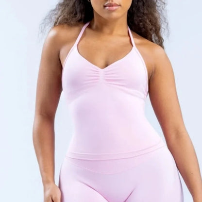 New Impact Sports Yoga Vest - Women's Backless Fitness Top, Built-in Bra with Cups, Scrunch Gym Clothes for Workout