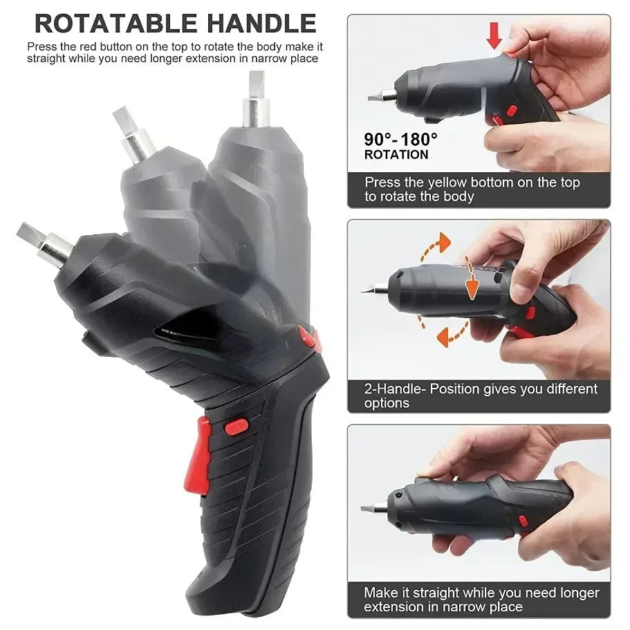 Portable Cordless Electric Screwdriver - 2-in-1 90° Rotating Rechargeable Power Tool with LED Light for Home, Office, and DIY Repairs
