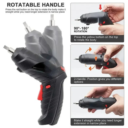 Portable Cordless Electric Screwdriver - 2-in-1 90° Rotating Rechargeable Power Tool with LED Light for Home, Office, and DIY Repairs