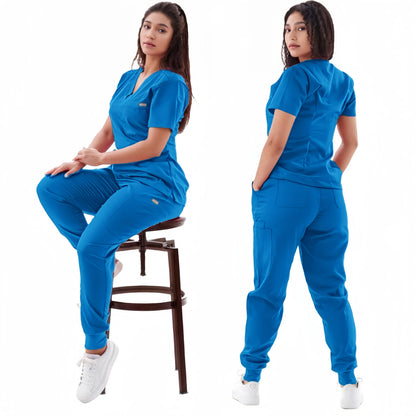 Multicolor Jogger Suit Nurse Scrubs Set - Medical Clinical Clothes with Short Sleeve V-Neck Tops and Pocket Pants, Doctor Nursing Uniforms