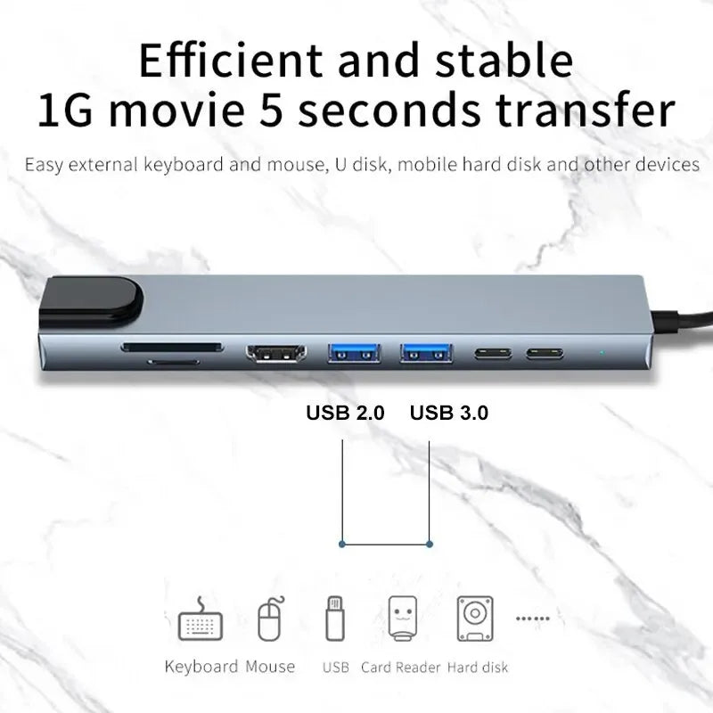 8-in-1 USB Type-C Hub Adapter – 4K HDMI, SD/TF Card Reader, RJ45, PD Fast Charging for MacBook & Notebook