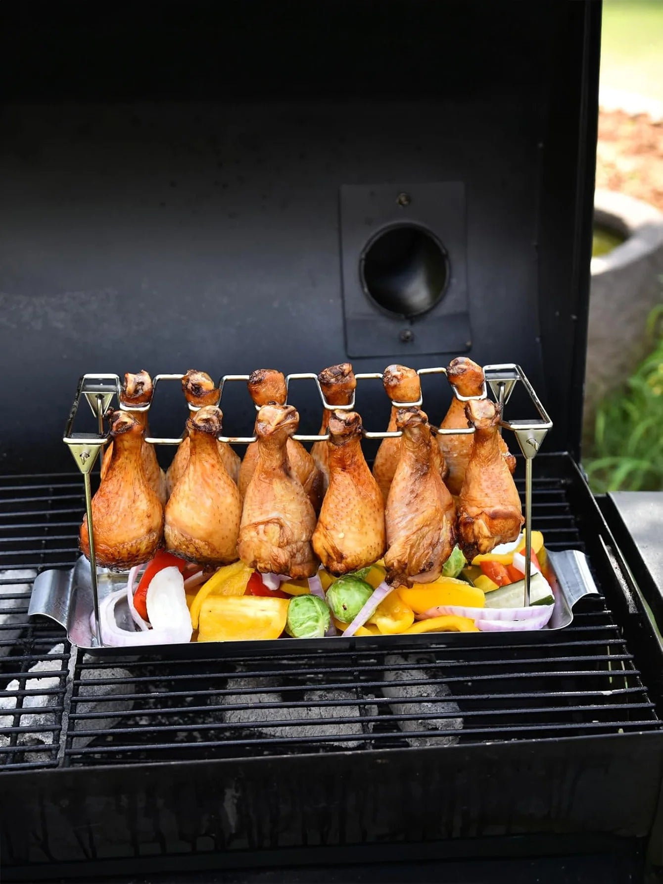 14-Slot Stainless Steel Chicken Leg Rack with Drip Tray – Heavy-Duty Grill & Smoker Wing/Drumstick Holder