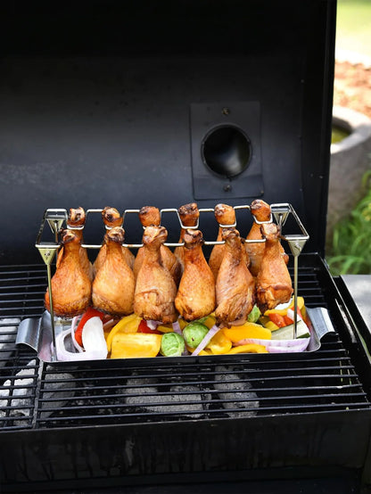 14-Slot Stainless Steel Chicken Leg Rack with Drip Tray – Heavy-Duty Grill & Smoker Wing/Drumstick Holder