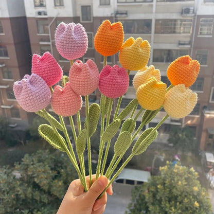 Tulip & Sunflower Knitting Flower Bouquet – Handcrafted Crochet Carnations, DIY Handmade Fake Flowers for Decor