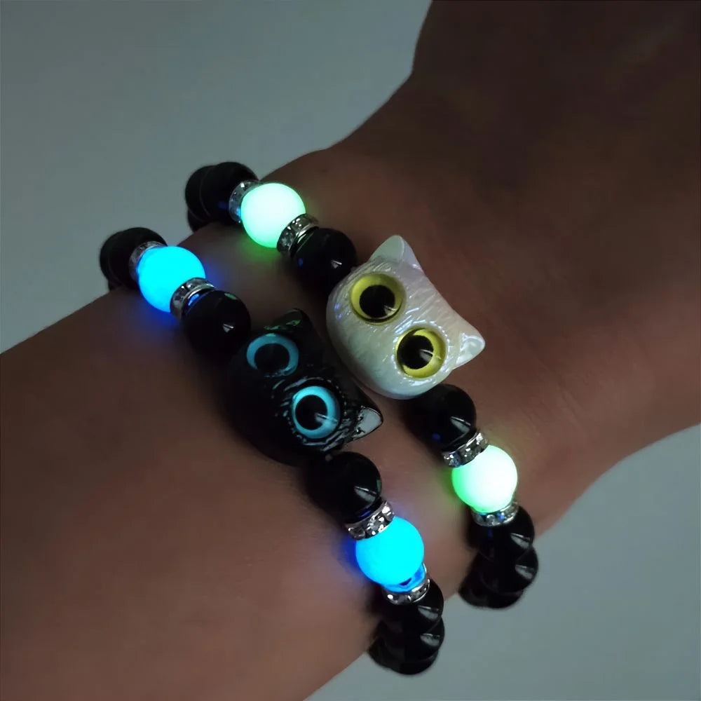 Luminous Cat Matching Bracelets for Couples | Glow-in-the-Dark Black & White Friendship Bangles | Cute Gift for Him & Her