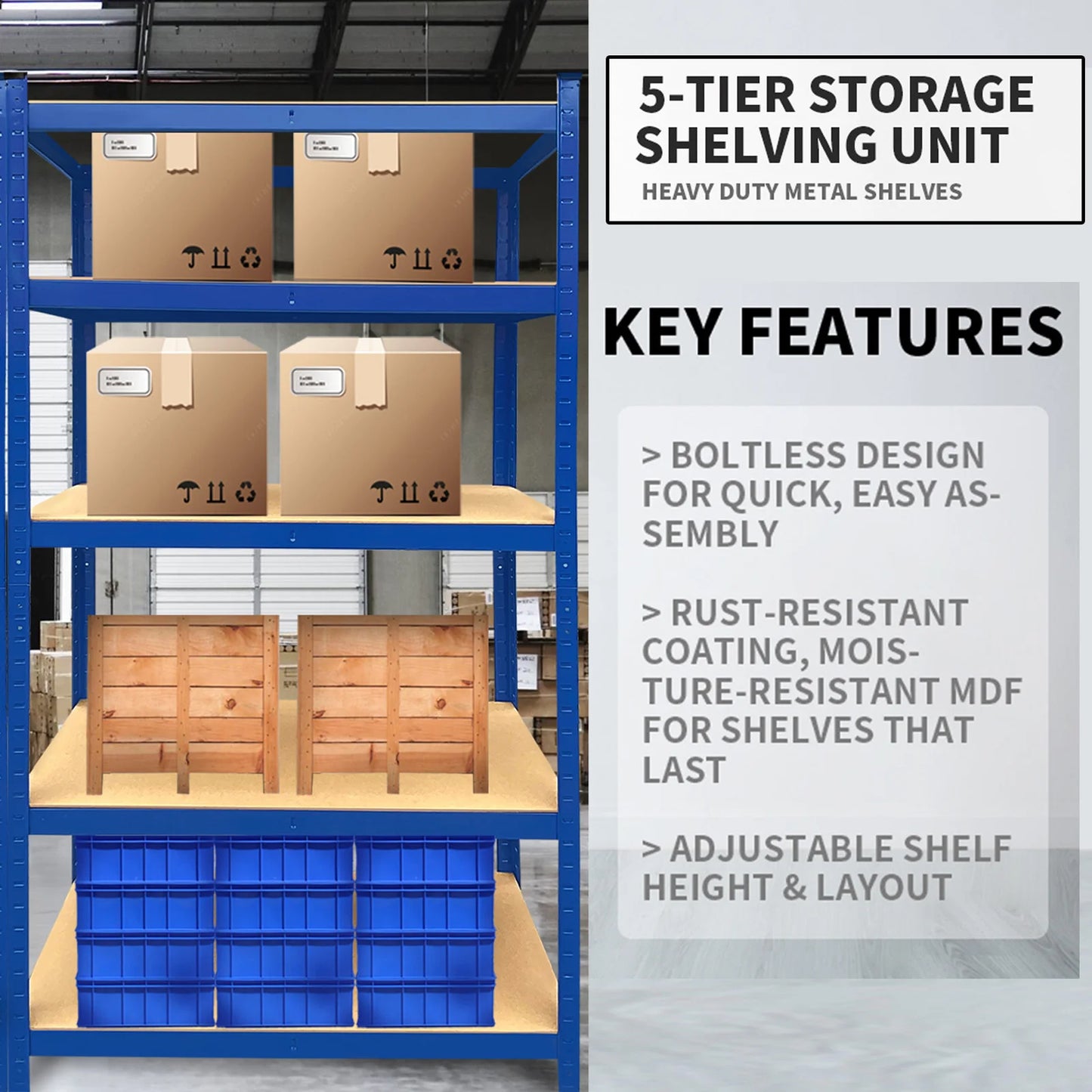 150-200CM Heavy Duty Garage Storage Shelves – 1929LBS Load, Adjustable 4/5 Tier Metal Racking for Home & Warehouse