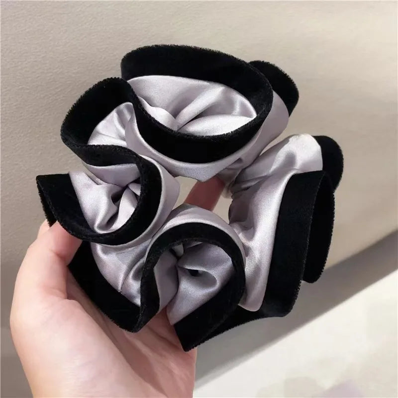 Velvet-Edged Satin Bloom Scrunchie - Elegant Hair Tie for Everyday Style