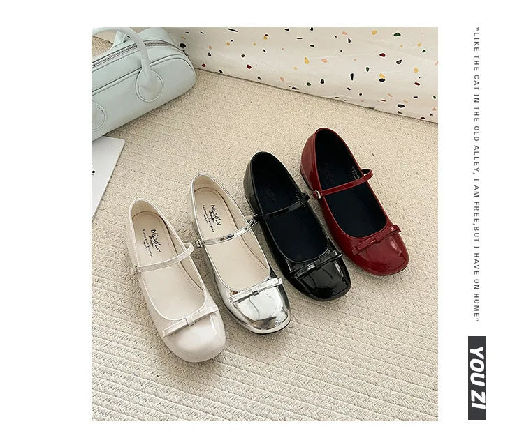 Spring Autumn Wine Red Mary Jane Shoes – Women’s Low Heel Leather Flats with Butterfly Knot & Round Toe