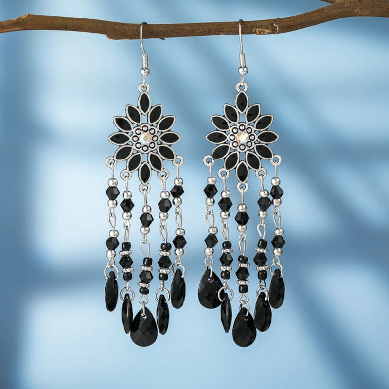 Bohemian Water Drop Tassel Earrings - Vintage Crystal Bead Long Dangle Jewelry for Women