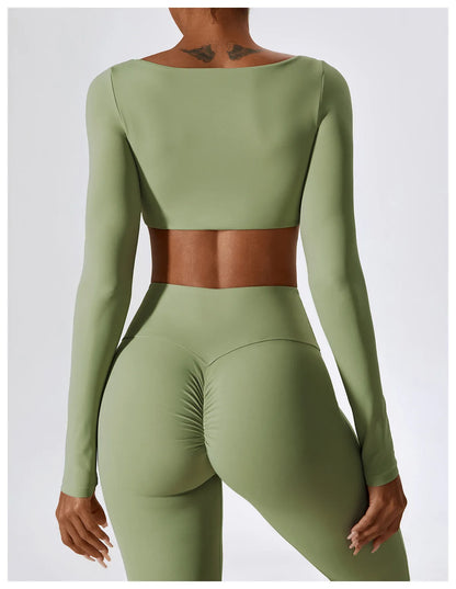 2PCS Seamless Women’s Yoga Set – Long Sleeve Crop Top & Leggings Workout Outfit, Athletic Gym Sportswear