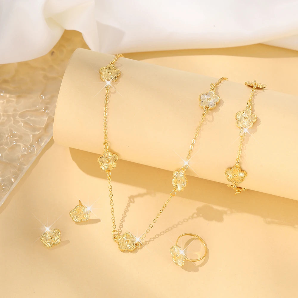 Lucky Five-Petal Flower & Clover Bracelet, Earrings, Necklace Set – Stylish Women's Party Jewelry Accessories