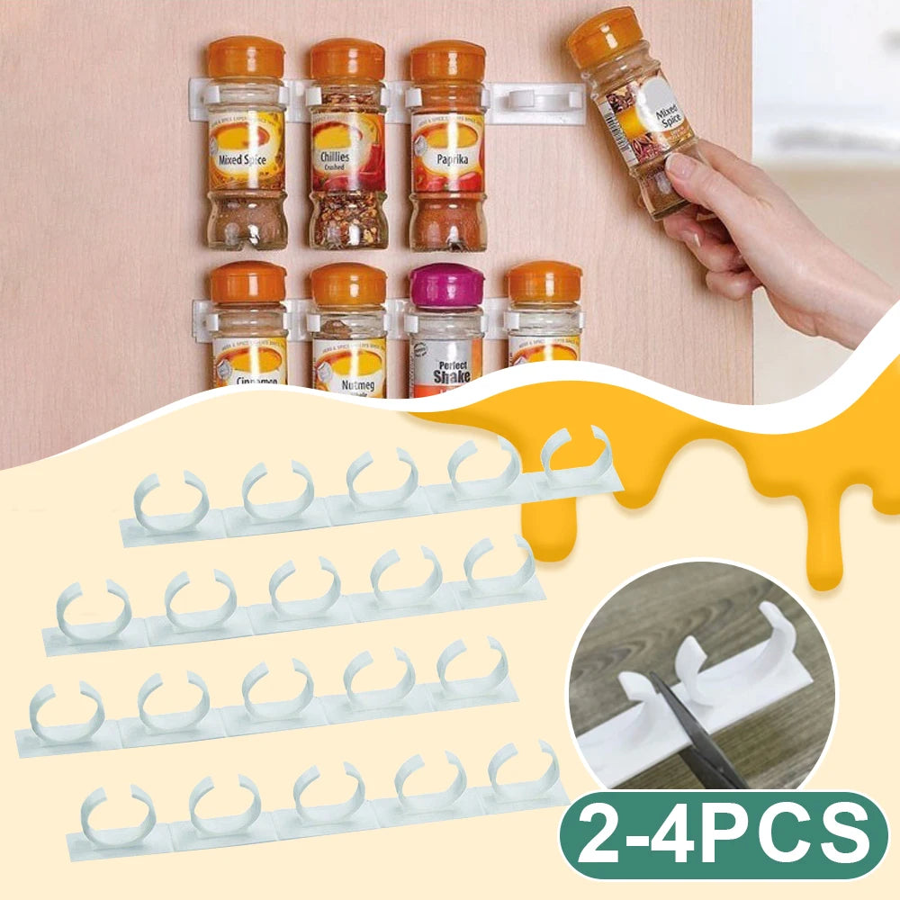 Wall-Mounted Kitchen Storage Rack: Seasoning Jar and Spice Bottle Stand - Simple Bottle Clip Design, 5-Hole Ingredient Holder, 2/4pcs