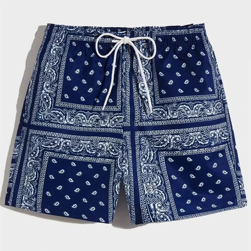 Trendy Bandana Graphic Beach Shorts - Men’s Summer 3D Printed Swim Trunks