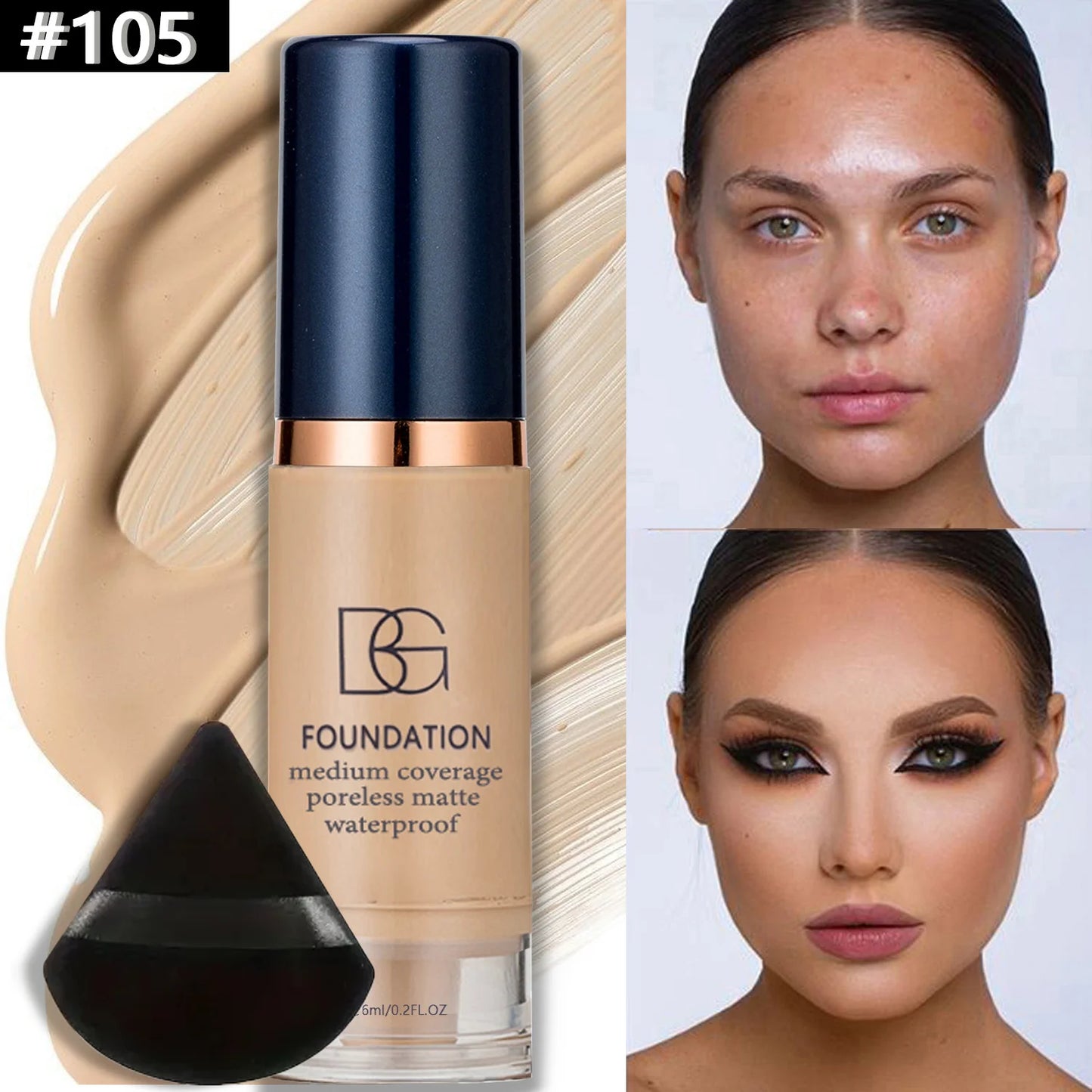 2PCS Waterproof Liquid Foundation Set - Matte Full Coverage Makeup with Black Triangle Powder Puff for Flawless Finish