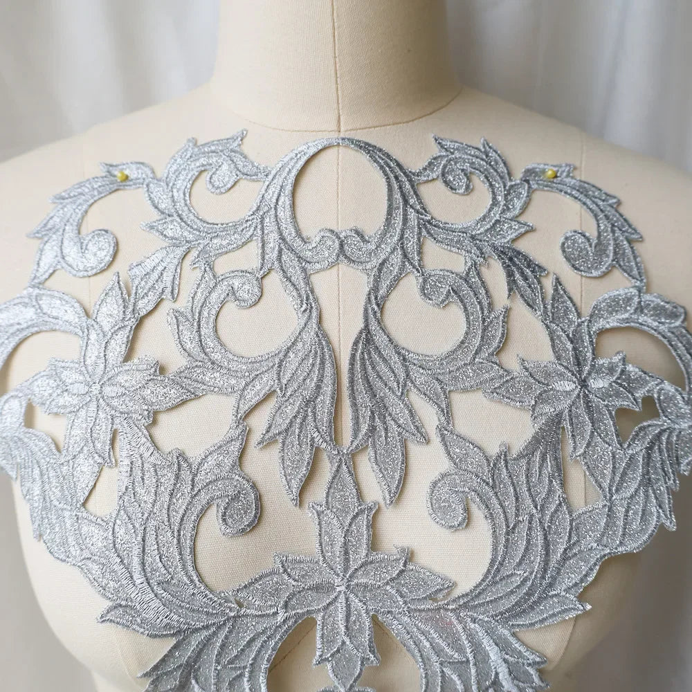Silver Baroque Sequin Flower Applique – Embroidered Iron-On Patch for Wedding & DIY Crafts