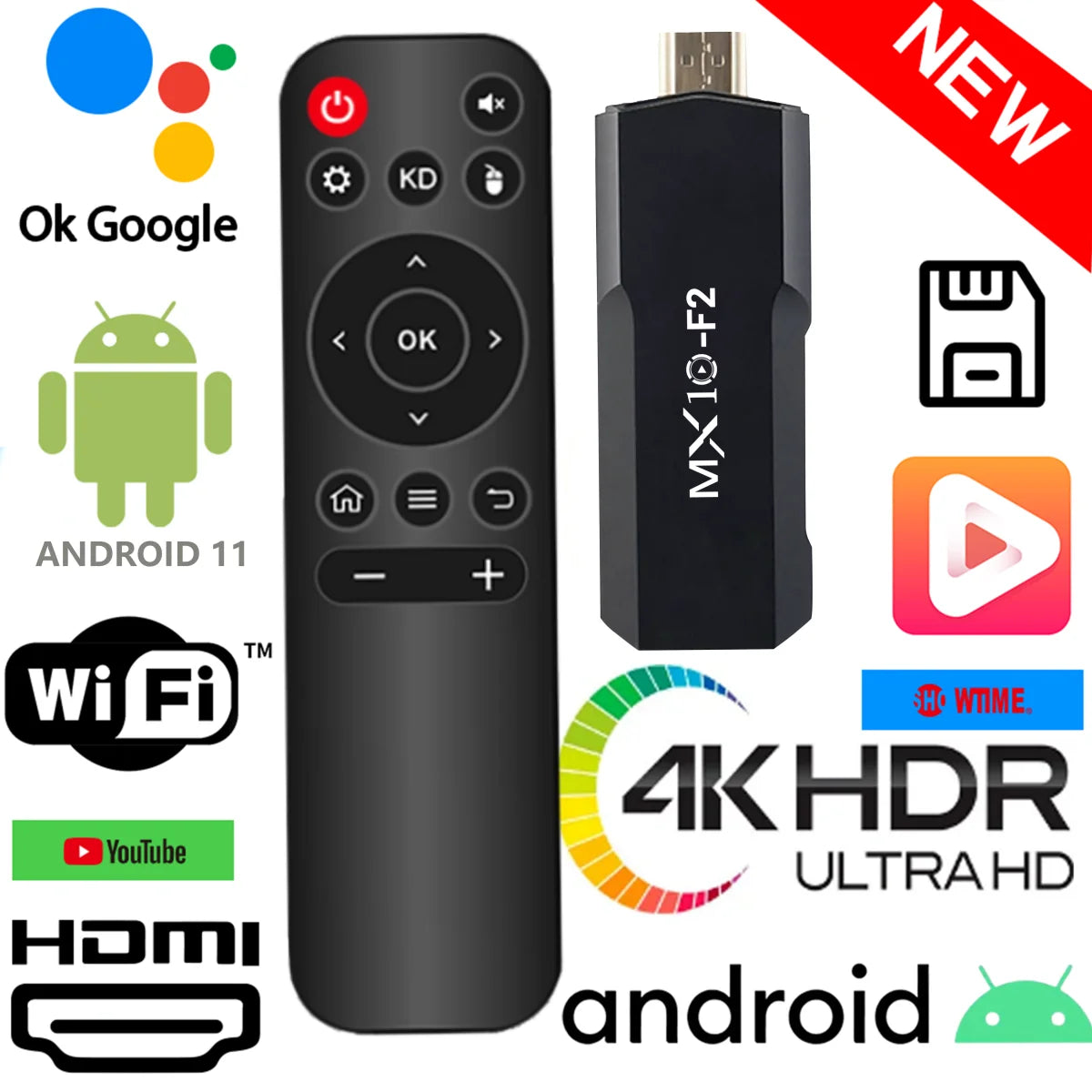 MX10 F2 TV Stick - 1GB RAM, 8GB Storage, Android 2024, 4K EU Android TV Box