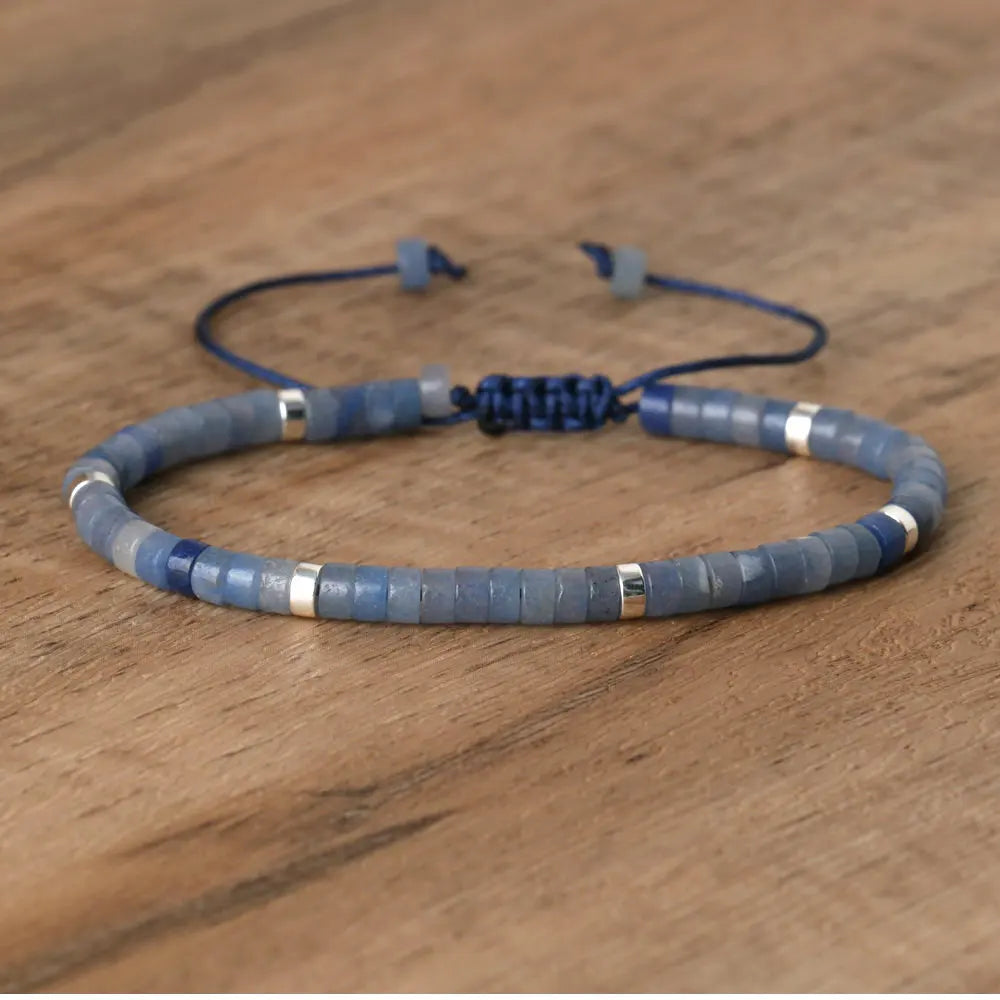 Natural Blue Emperor Stone Beaded Bracelet – Polished Block Beads, Adjustable Woven Rope Women’s Gift Jewelry