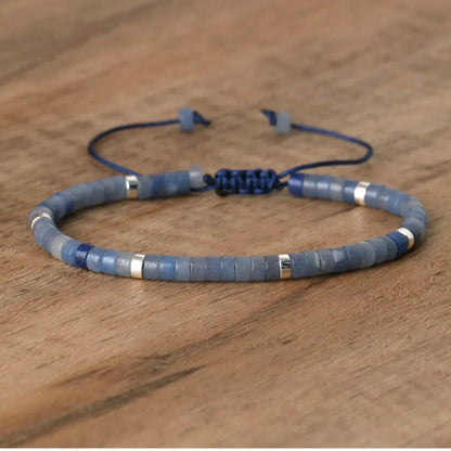 Natural Blue Emperor Stone Beaded Bracelet – Polished Block Beads, Adjustable Woven Rope Women’s Gift Jewelry