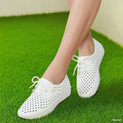 Women’s Genuine Leather Casual Flats - Hollow Lace-Up Loafers & Lightweight Boat Shoes
