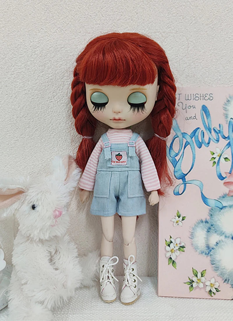 Casual Blythe Doll Clothes – Romper, Plaid Pants & Long Sleeve Top for Licca, Azone, OB24/OB27 Dolls