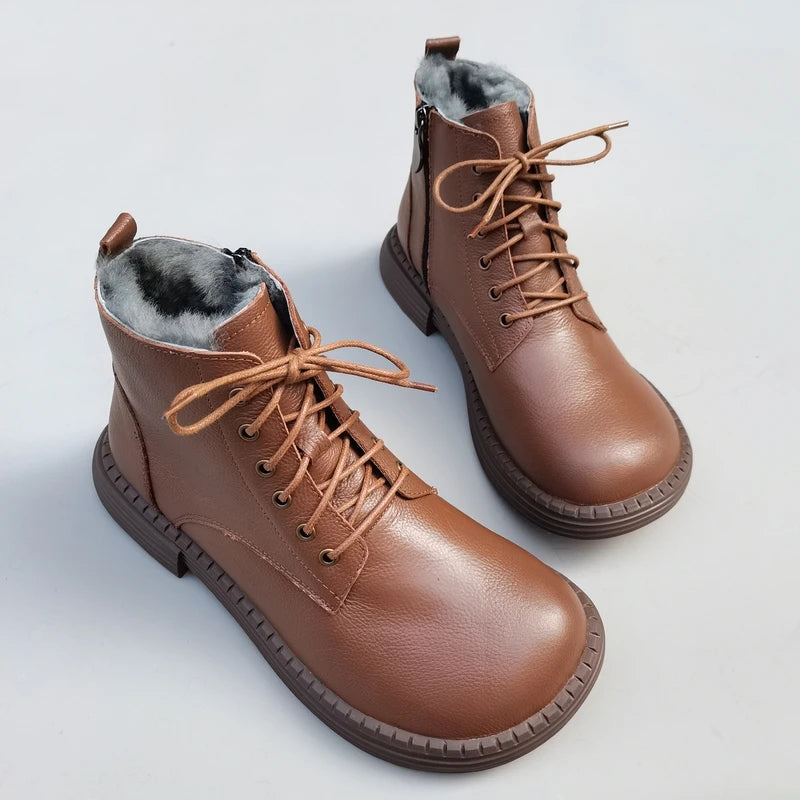 Careaymade 100% Genuine Leather Wide Casual Women’s Short Boots – Big Size, Handmade Men’s Wool Boots