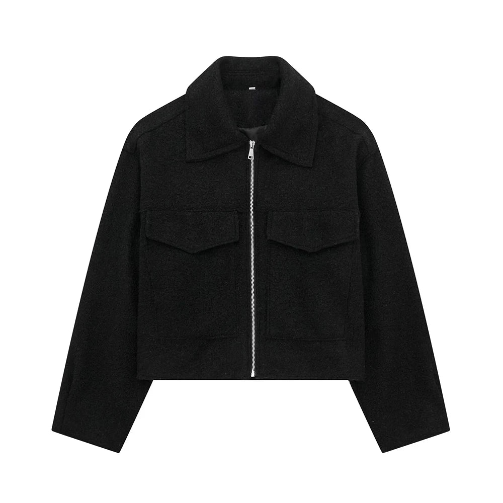 TRAF Women's Cropped Jacket – Vintage Patch Pockets with Flaps, Long Sleeve, Front Zipper Chic Outerwear Top