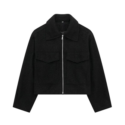 TRAF Women's Cropped Jacket – Vintage Patch Pockets with Flaps, Long Sleeve, Front Zipper Chic Outerwear Top