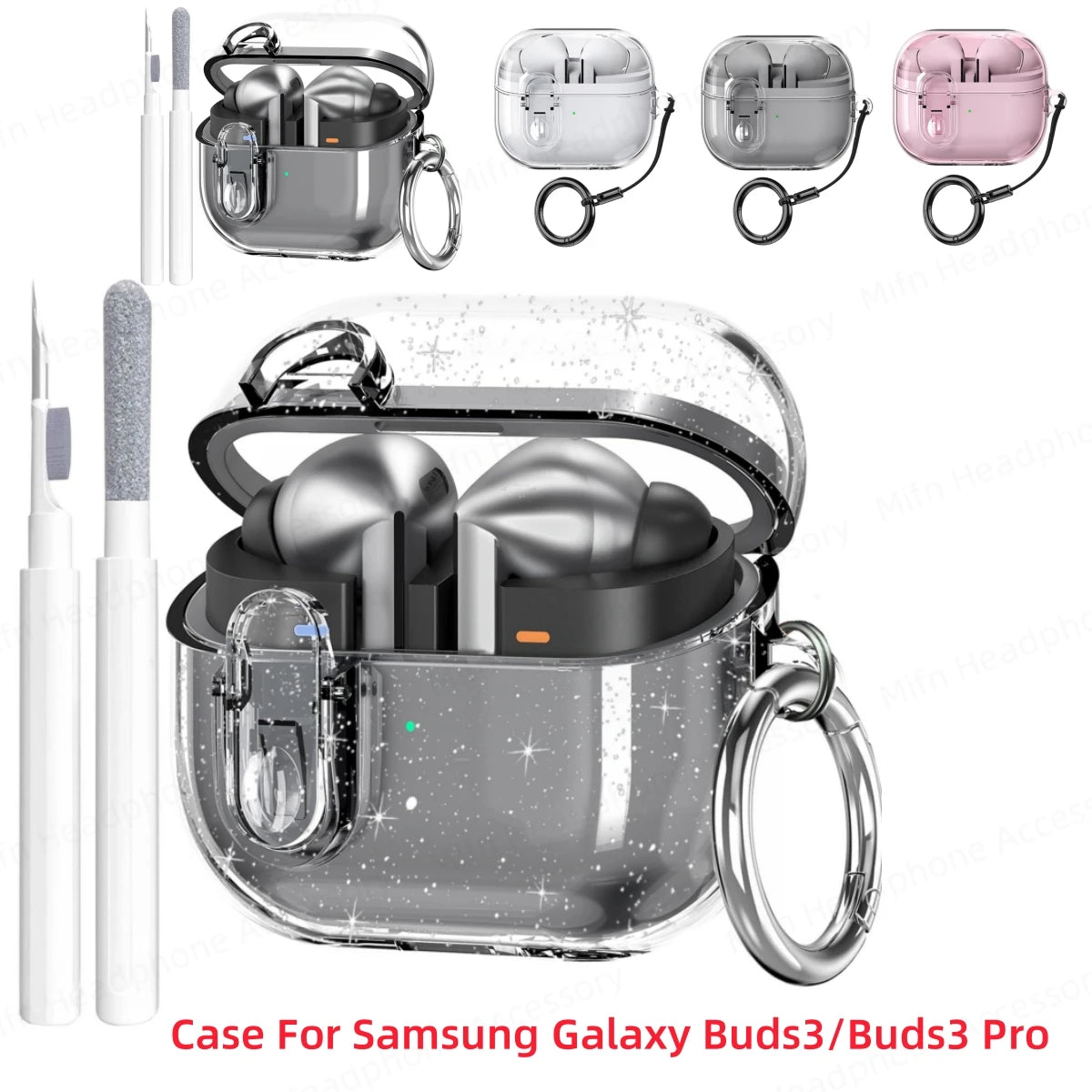 Glitter Transparent Security Lock Case for Samsung Galaxy Buds 3/3 Pro – Charging Case with Cleaning Kit