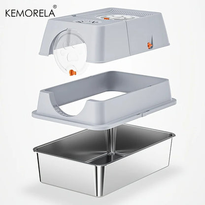 KEMORELA XL Stainless Steel Cat Litter Box – Extra Large Enclosed Litter Box with High Sides & Removable Scoop for Big Cats