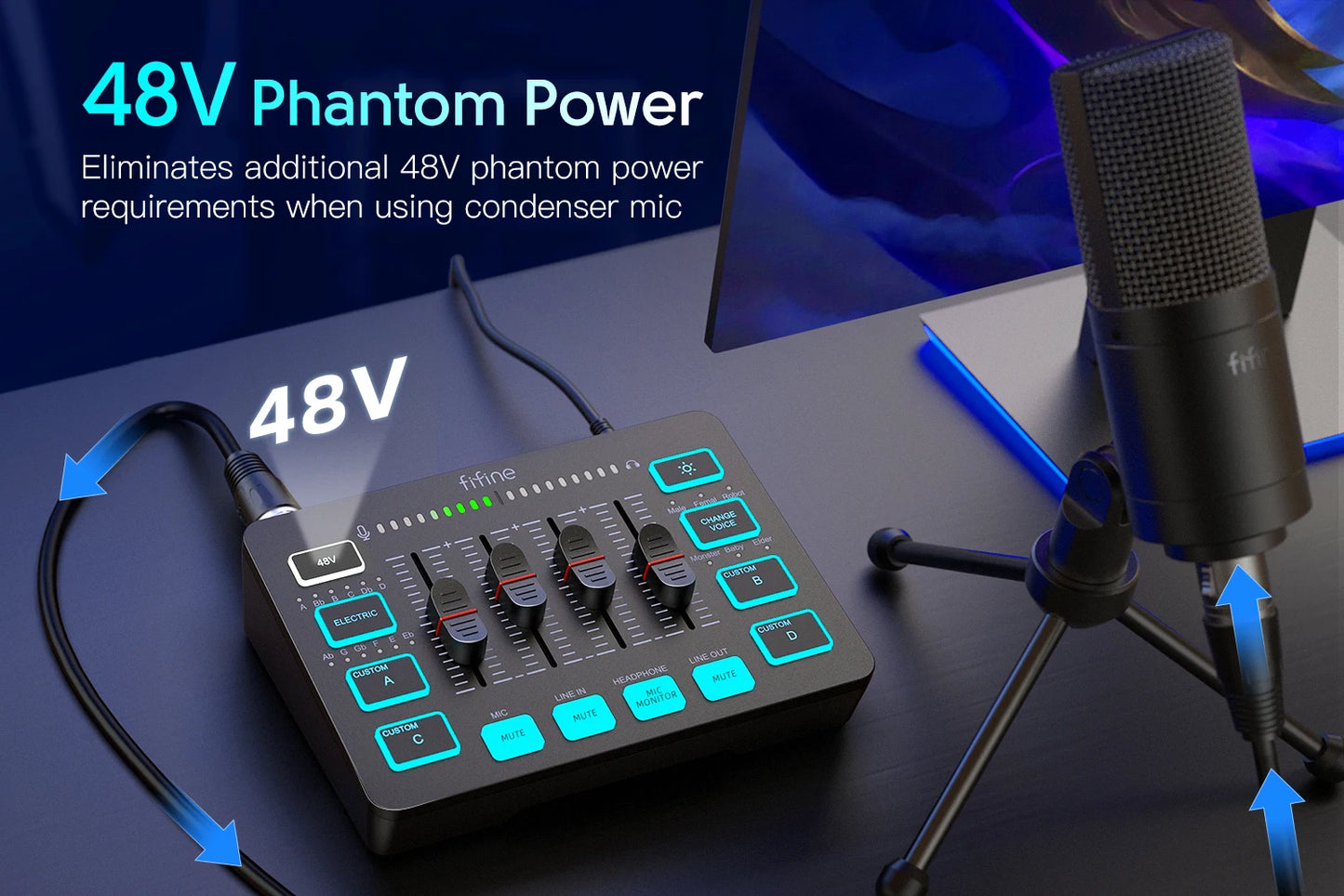 FIFINE 4-Channel RGB Gaming Audio Mixer – XLR Mic Interface for Streaming, Podcast & Game Voice