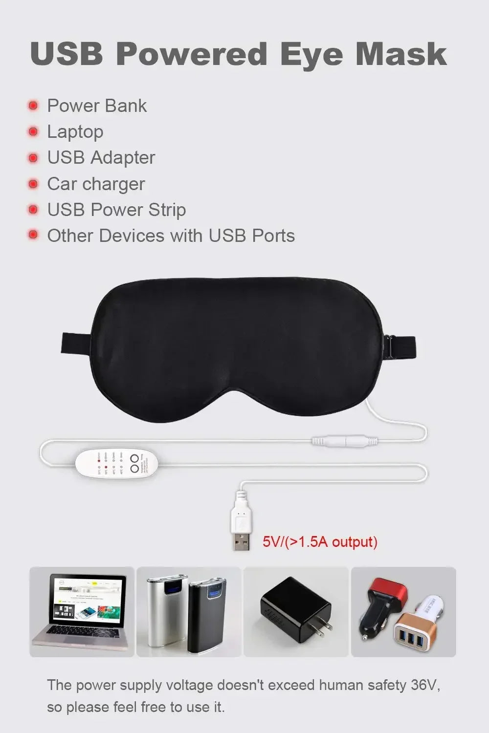USB Heated Silk Eye Mask — Reusable Steaming Eye Massager for Sleep, Puffiness, Dark Circles & Eye Care