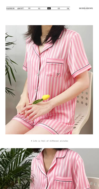Plus Size Women’s Pajama Set – Short Sleeve Cardigan & Striped Shorts Two-Piece Homewear