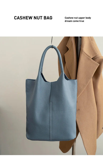 Genuine Leather Women’s Commuter Tote Bag — Soft Cowhide Shoulder Handbag, Large Capacity Bucket Bag, 2025 New