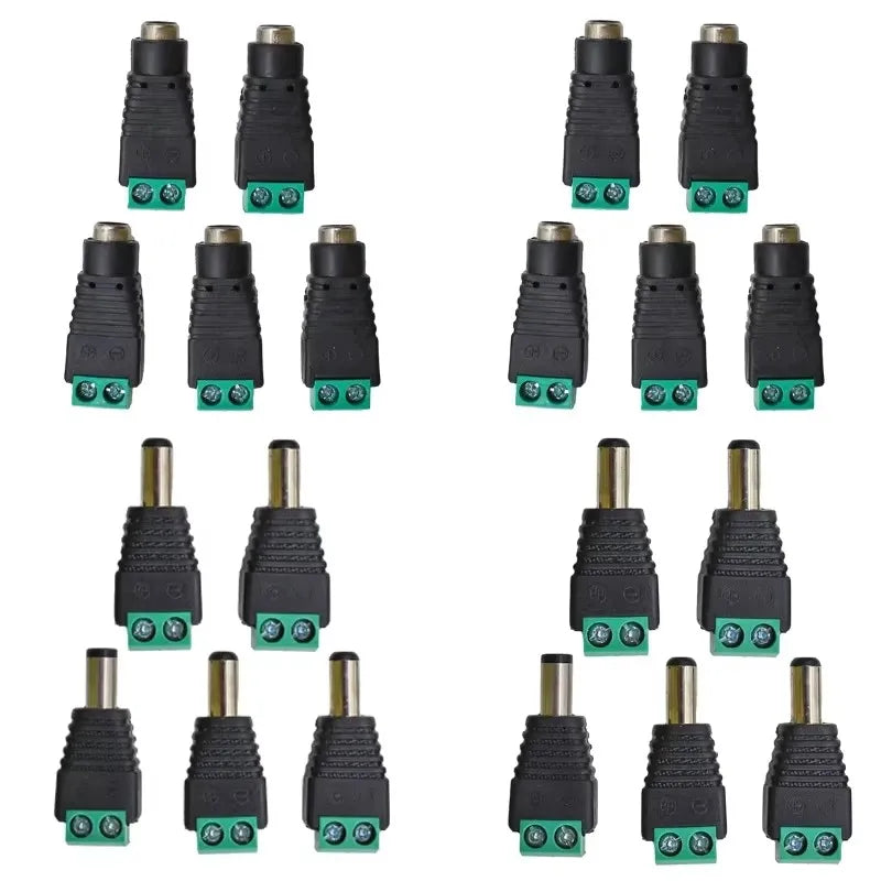 5 Pairs Welding-Free DC Plugs 5.5x2.1mm – Male & Female Green Terminal Power Connectors with Push Button