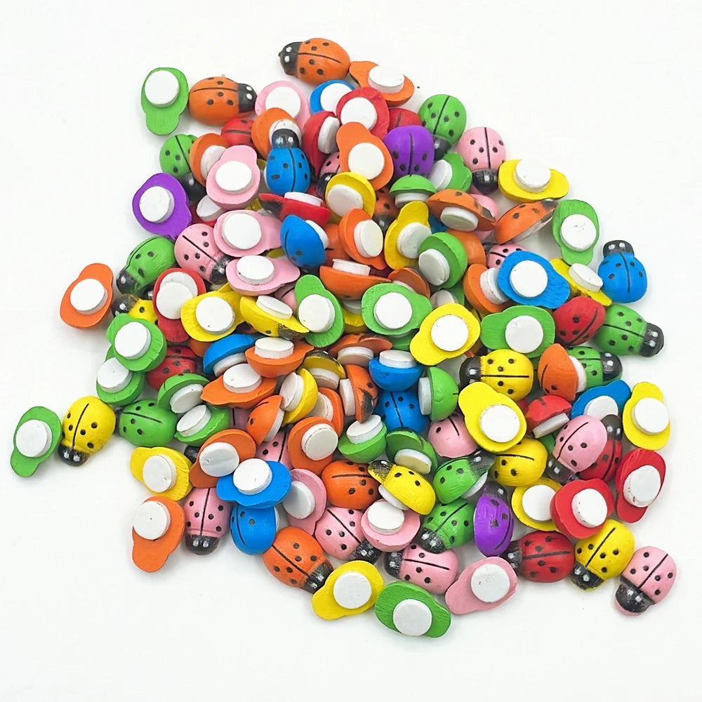 100Pcs Wooden Mini Ladybug Stickers – 8x11mm Self-Adhesive Red DIY Craft Decorations for Scrapbooking, Home, Garden & Party Decor