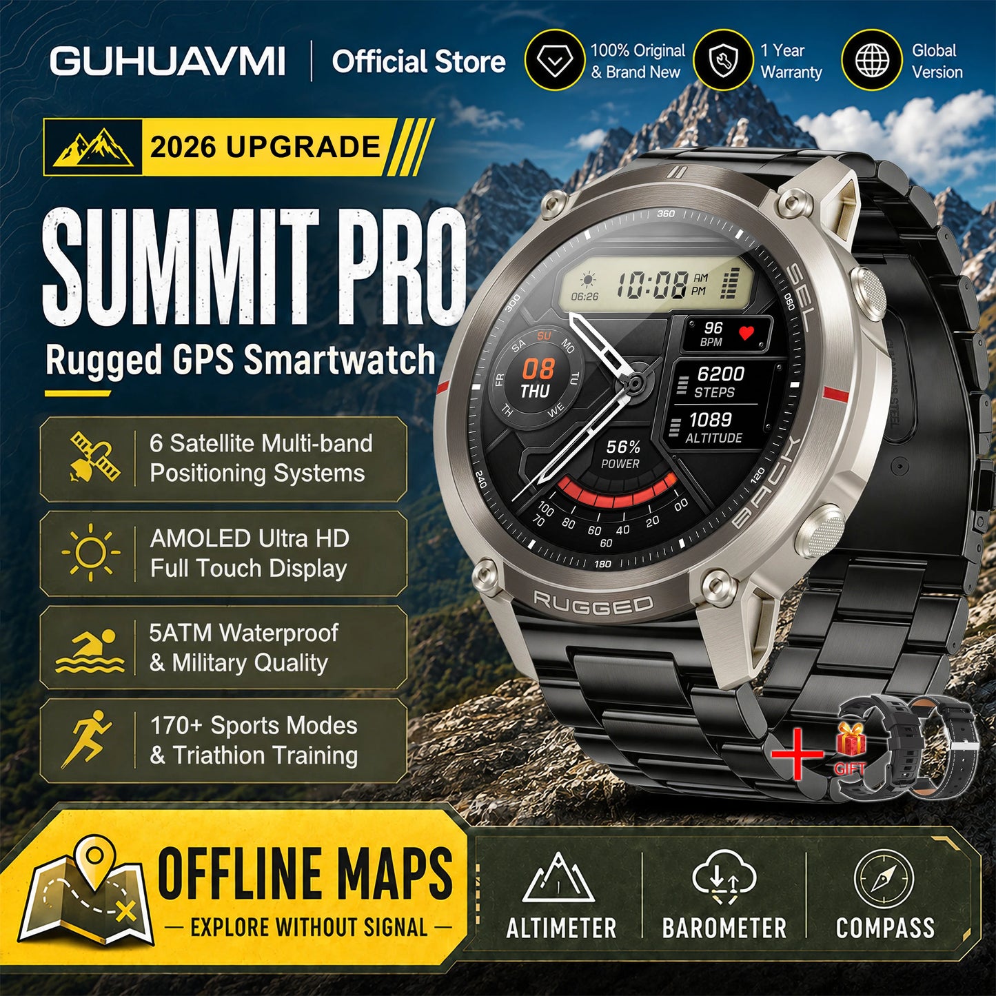 Military GPS Smartwatch for Men - 1.43" AMOLED Display, Bluetooth Calls, Compass, 5ATM Waterproof & 170+ Sports Modes