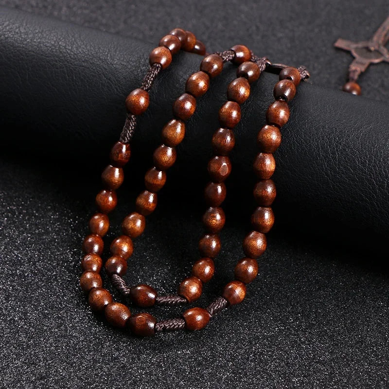 8mm Wooden Beads Rosary Necklace – Jesus Christ Cross Pendant, Woven Rope Chain Religious Prayer Jewelry for Men & Women