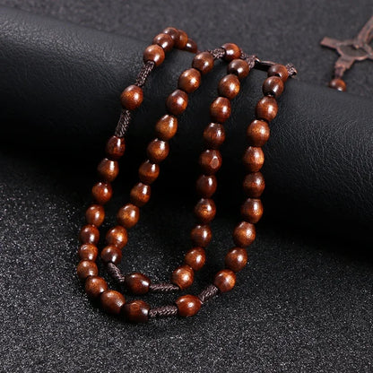 8mm Wooden Beads Rosary Necklace – Jesus Christ Cross Pendant, Woven Rope Chain Religious Prayer Jewelry for Men & Women
