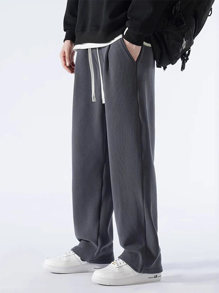 Winter Men’s Korean Fashion Fleece Sweatpants – Thick Warm Wide Leg Loose Thermal Track Pants